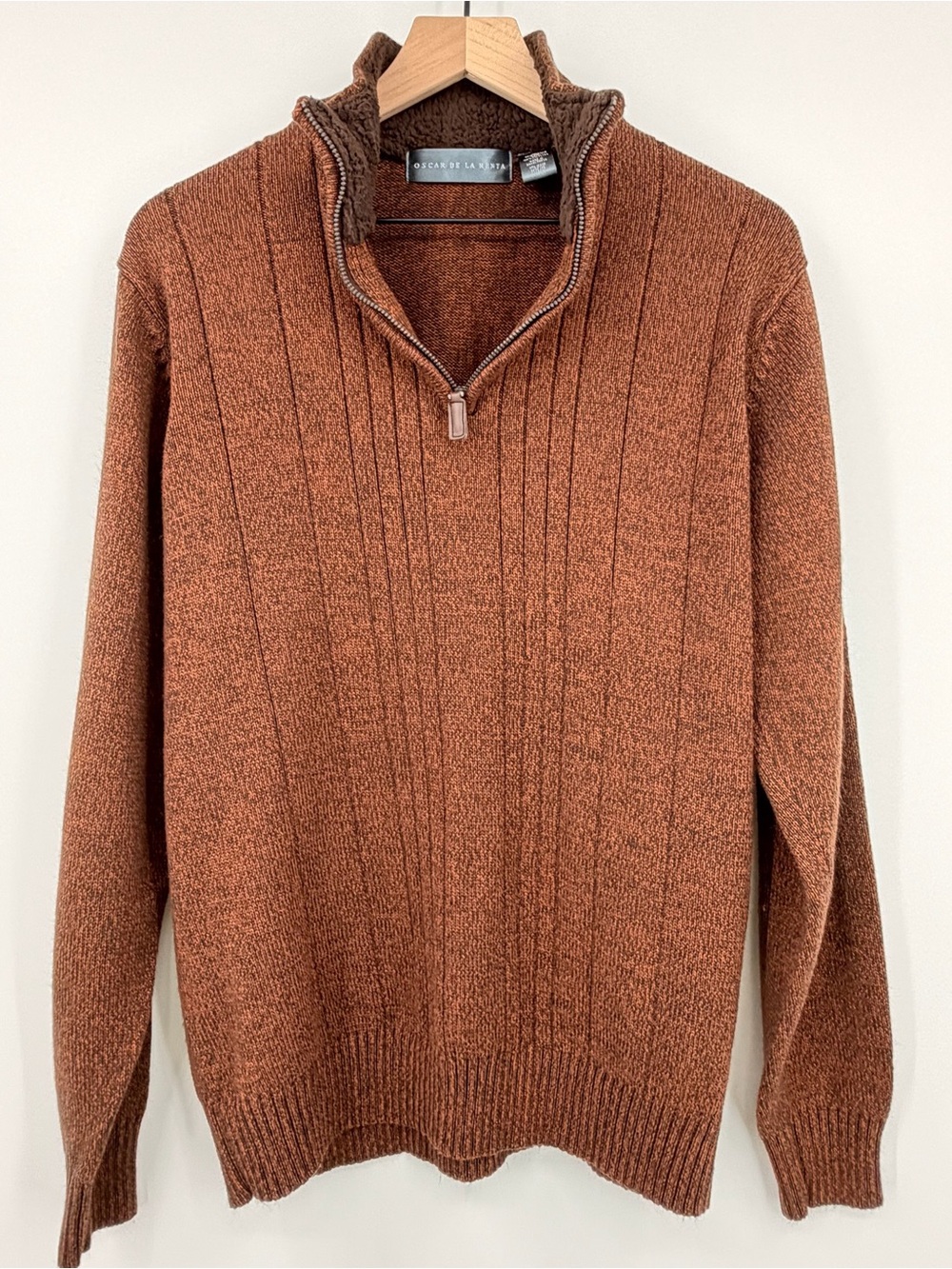 Oscar de la Renta Brown Quarter Zip Sherpa Collar Sweater